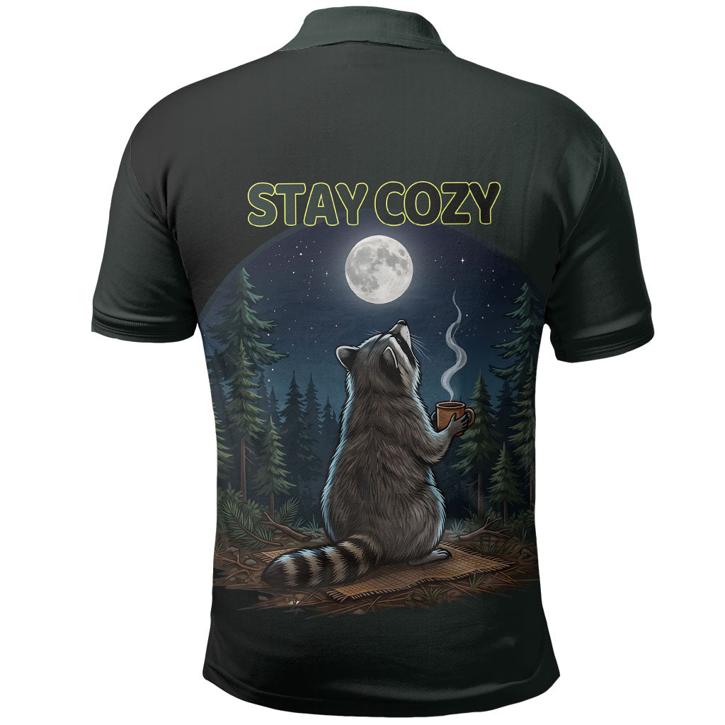 Raccoon Stay Wild Stay Cozy Camping Polo Shirt Starry Night Forest Wildlife