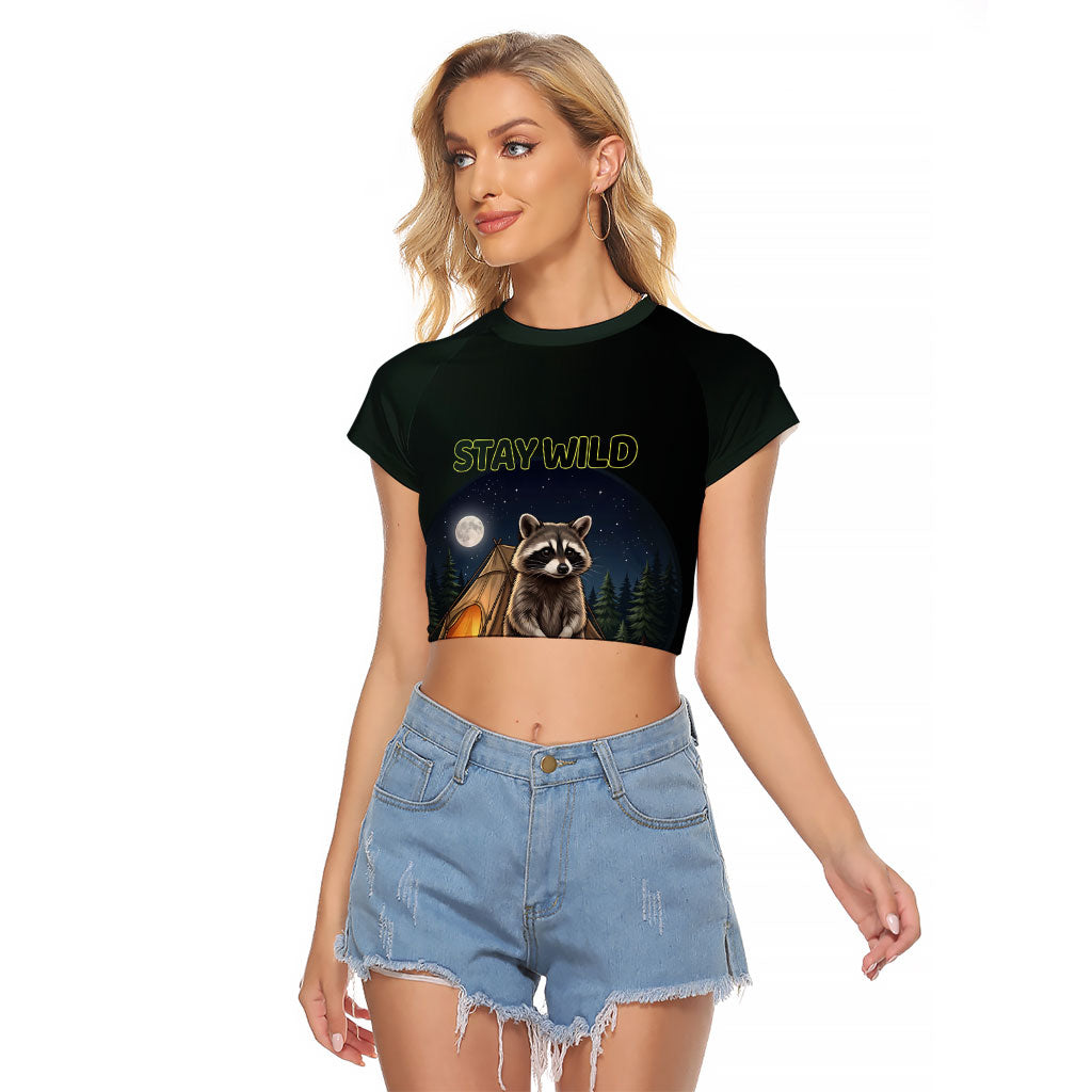 Raccoon Stay Wild Stay Cozy Camping Raglan Cropped T Shirt Starry Night Forest Wildlife