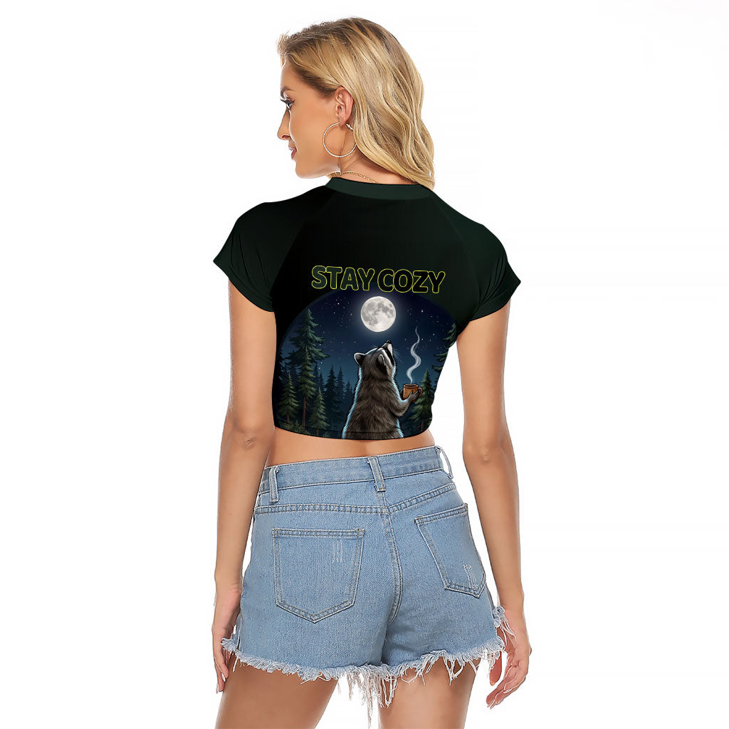 Raccoon Stay Wild Stay Cozy Camping Raglan Cropped T Shirt Starry Night Forest Wildlife