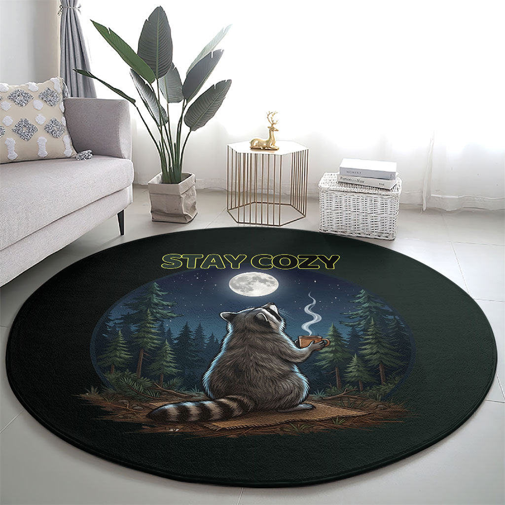 Raccoon Stay Wild Stay Cozy Camping Round Carpet Starry Night Forest Wildlife