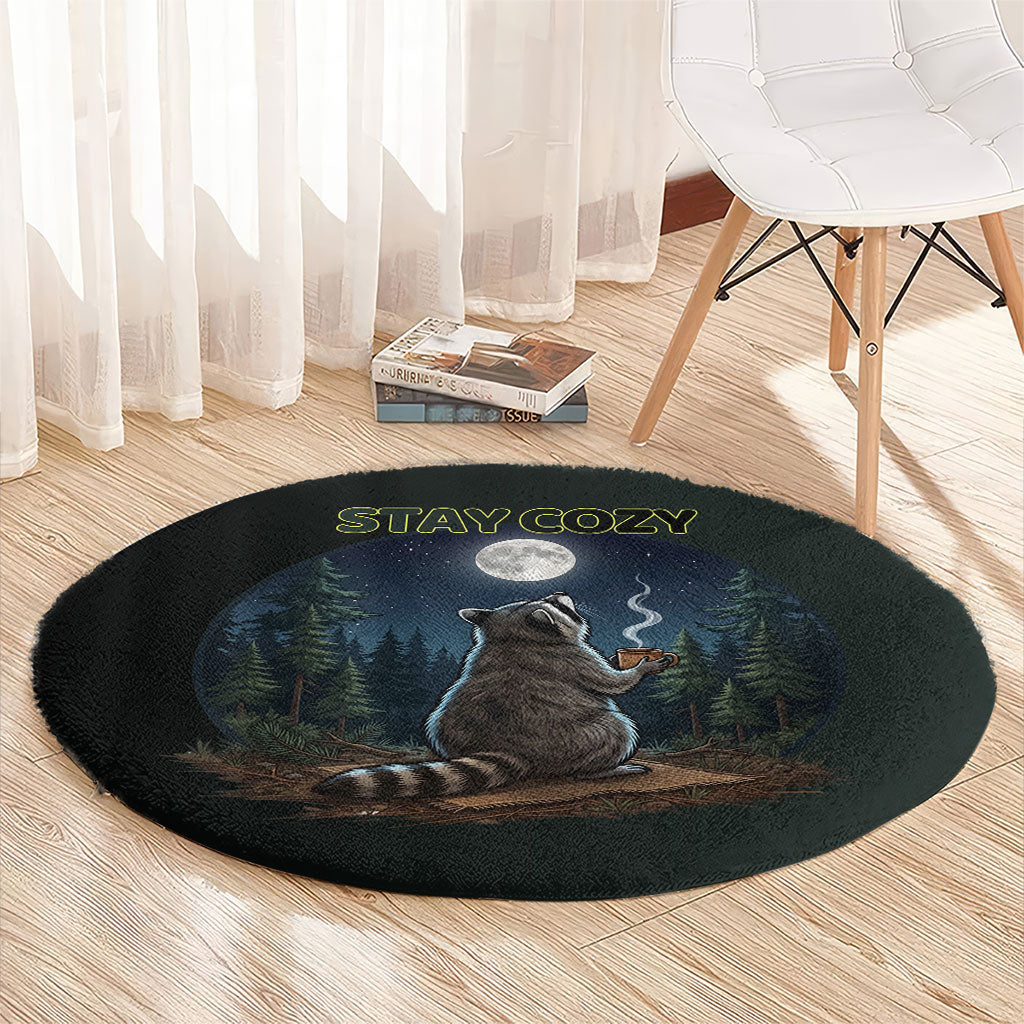 Raccoon Stay Wild Stay Cozy Camping Round Carpet Starry Night Forest Wildlife