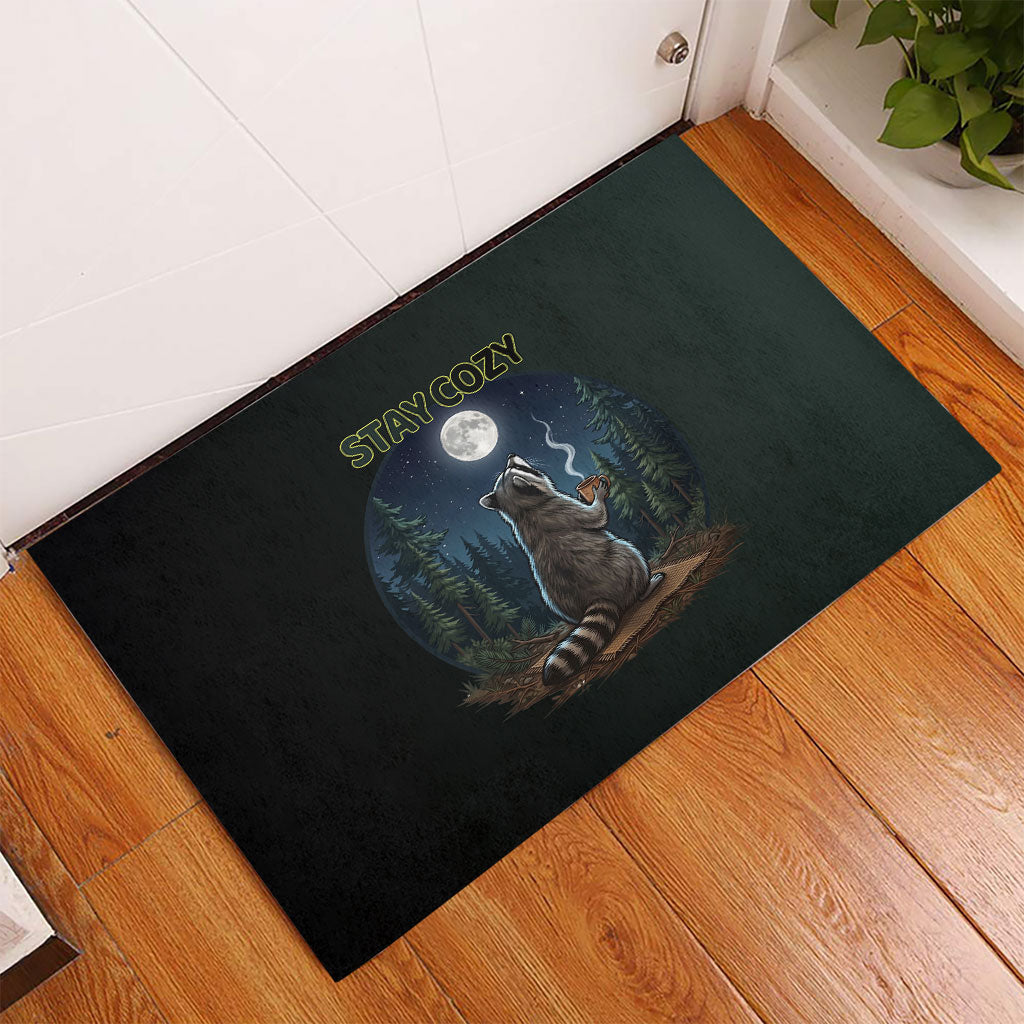Raccoon Stay Wild Stay Cozy Camping Rubber Doormat Starry Night Forest Wildlife