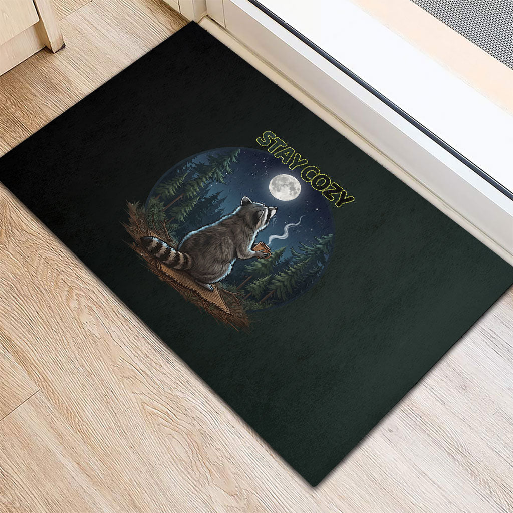 Raccoon Stay Wild Stay Cozy Camping Rubber Doormat Starry Night Forest Wildlife