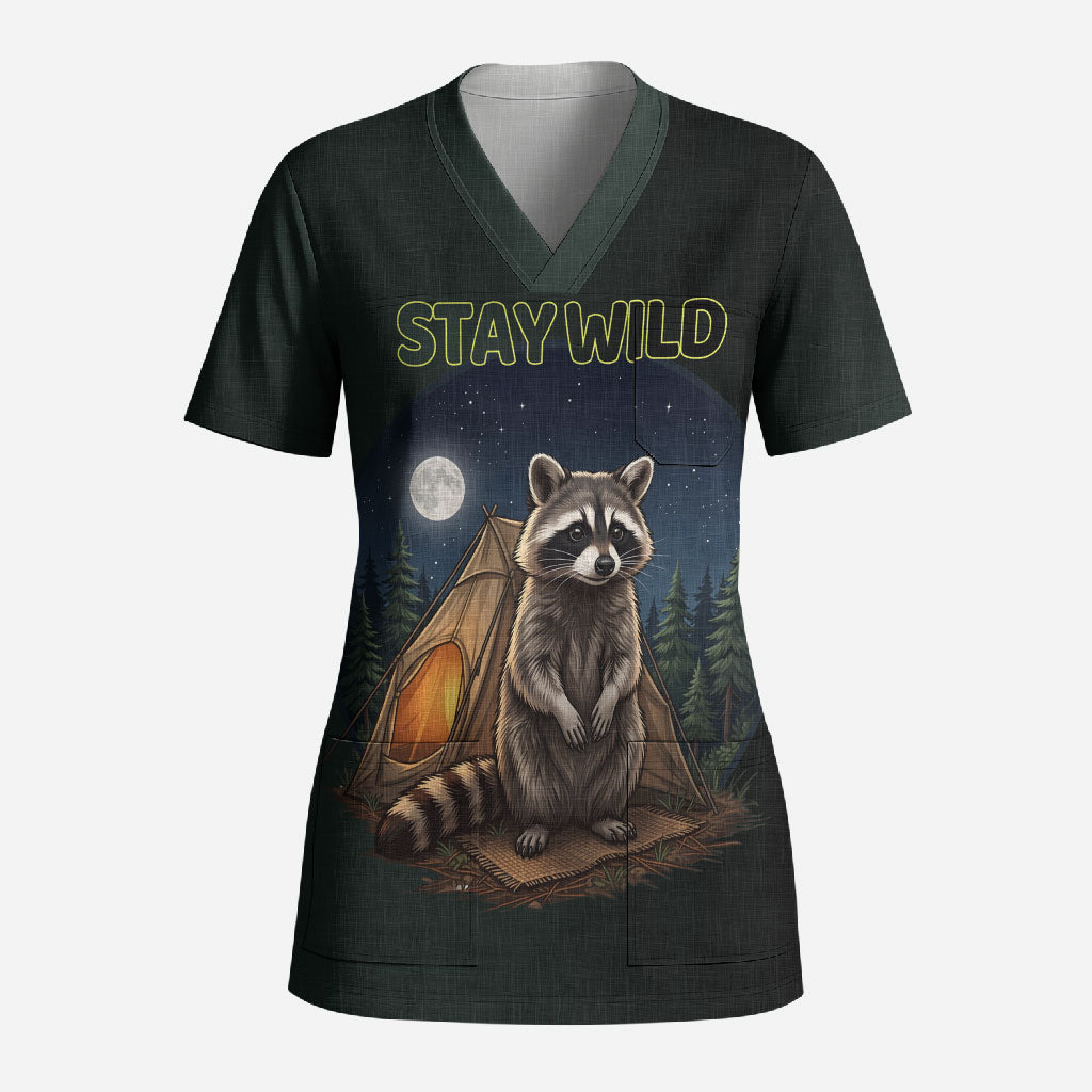 Raccoon Stay Wild Stay Cozy Camping Scrub Top Starry Night Forest Wildlife