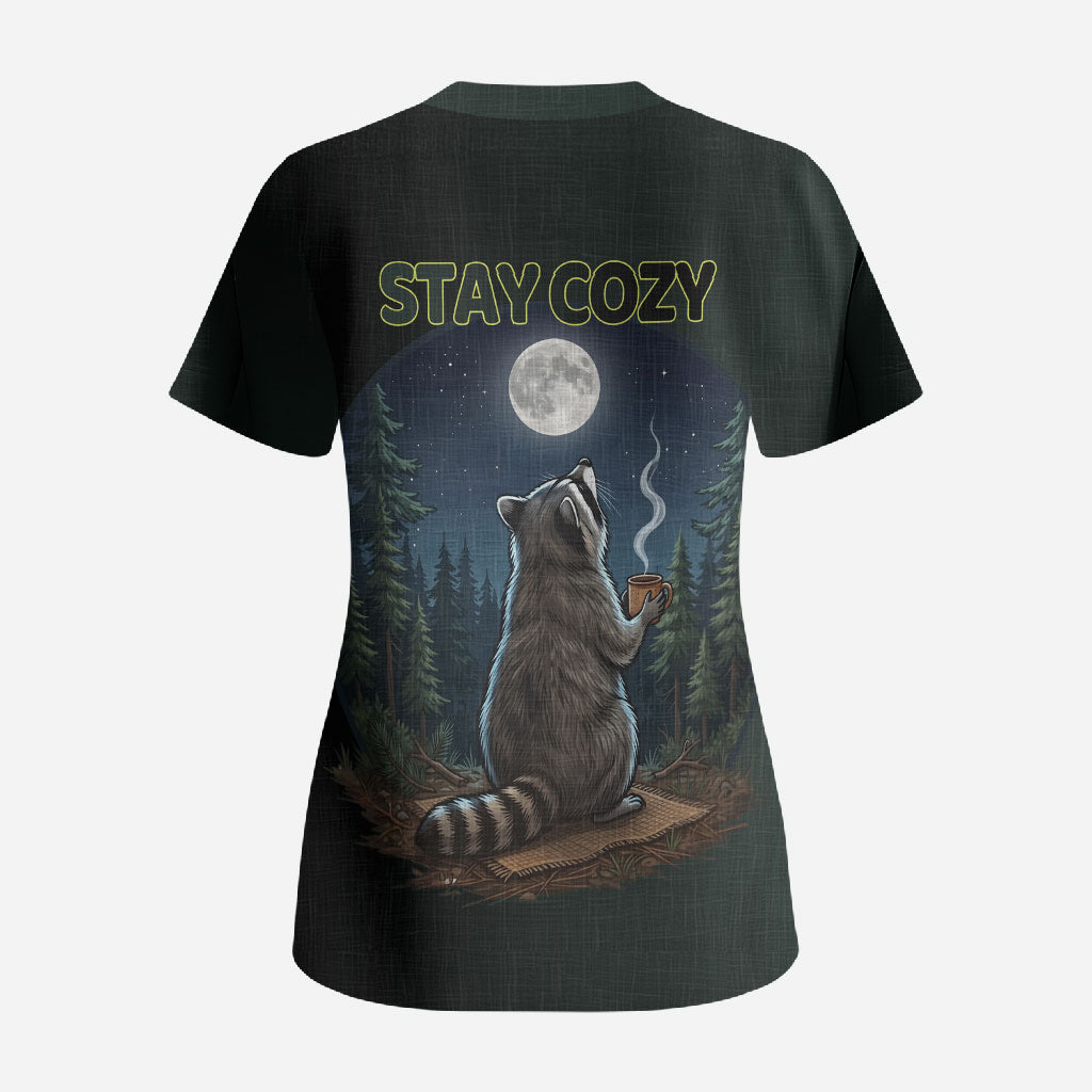 Raccoon Stay Wild Stay Cozy Camping Scrub Top Starry Night Forest Wildlife