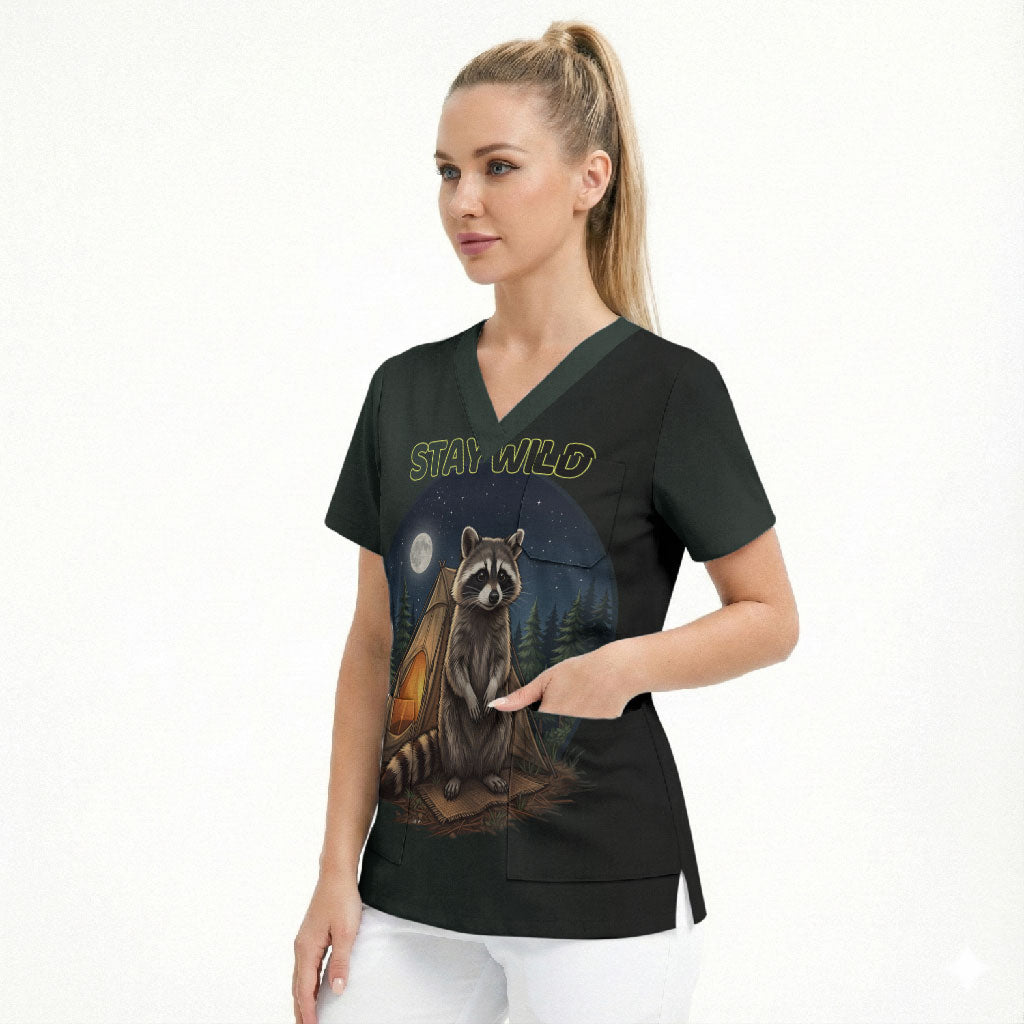 Raccoon Stay Wild Stay Cozy Camping Scrub Top Starry Night Forest Wildlife