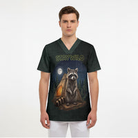 Raccoon Stay Wild Stay Cozy Camping Scrub Top Starry Night Forest Wildlife