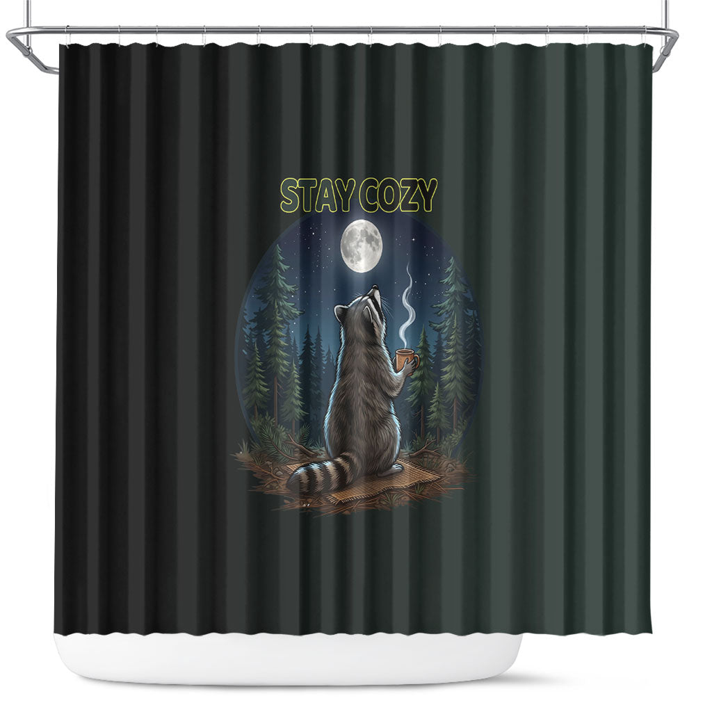 Raccoon Stay Wild Stay Cozy Camping Shower Curtain Starry Night Forest Wildlife