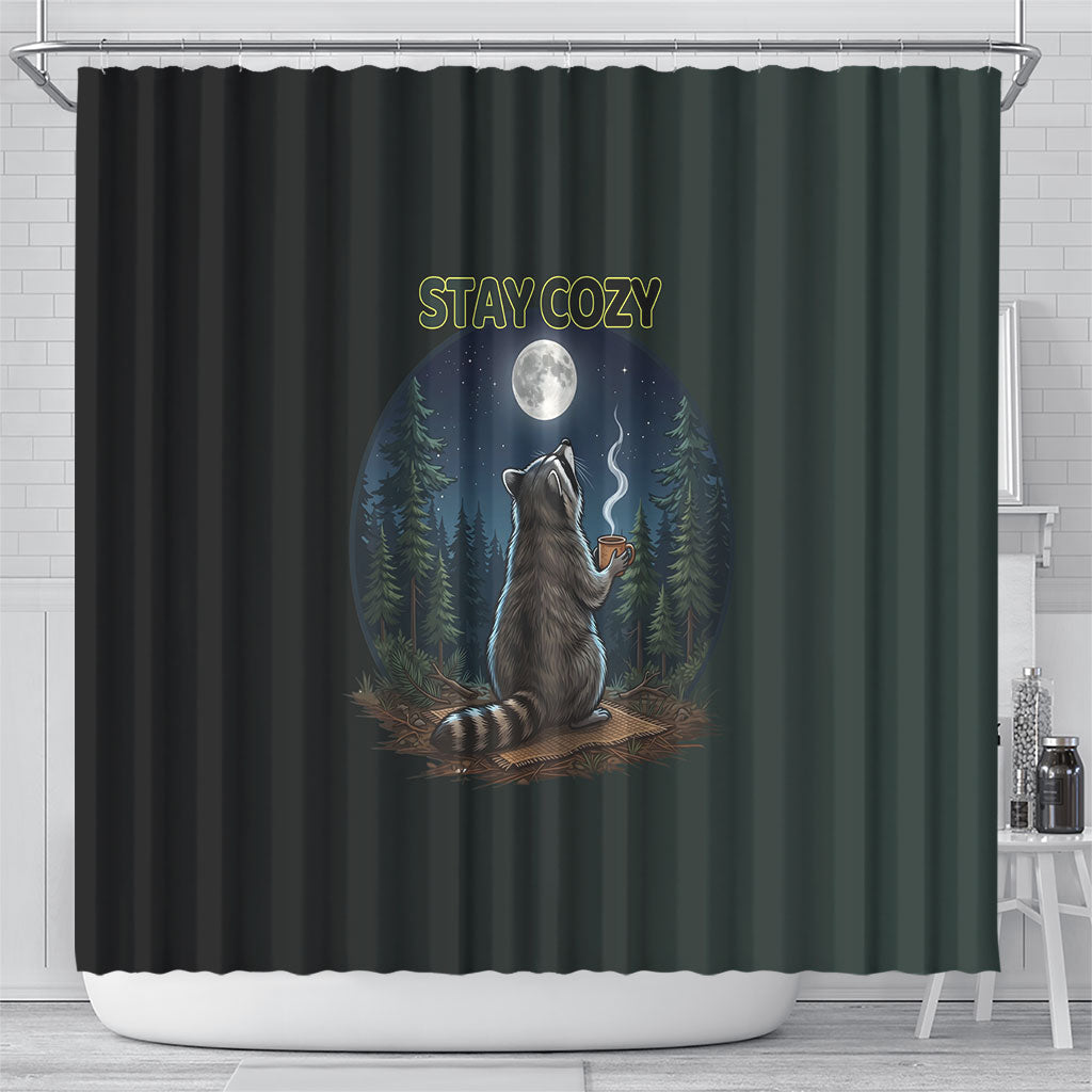Raccoon Stay Wild Stay Cozy Camping Shower Curtain Starry Night Forest Wildlife