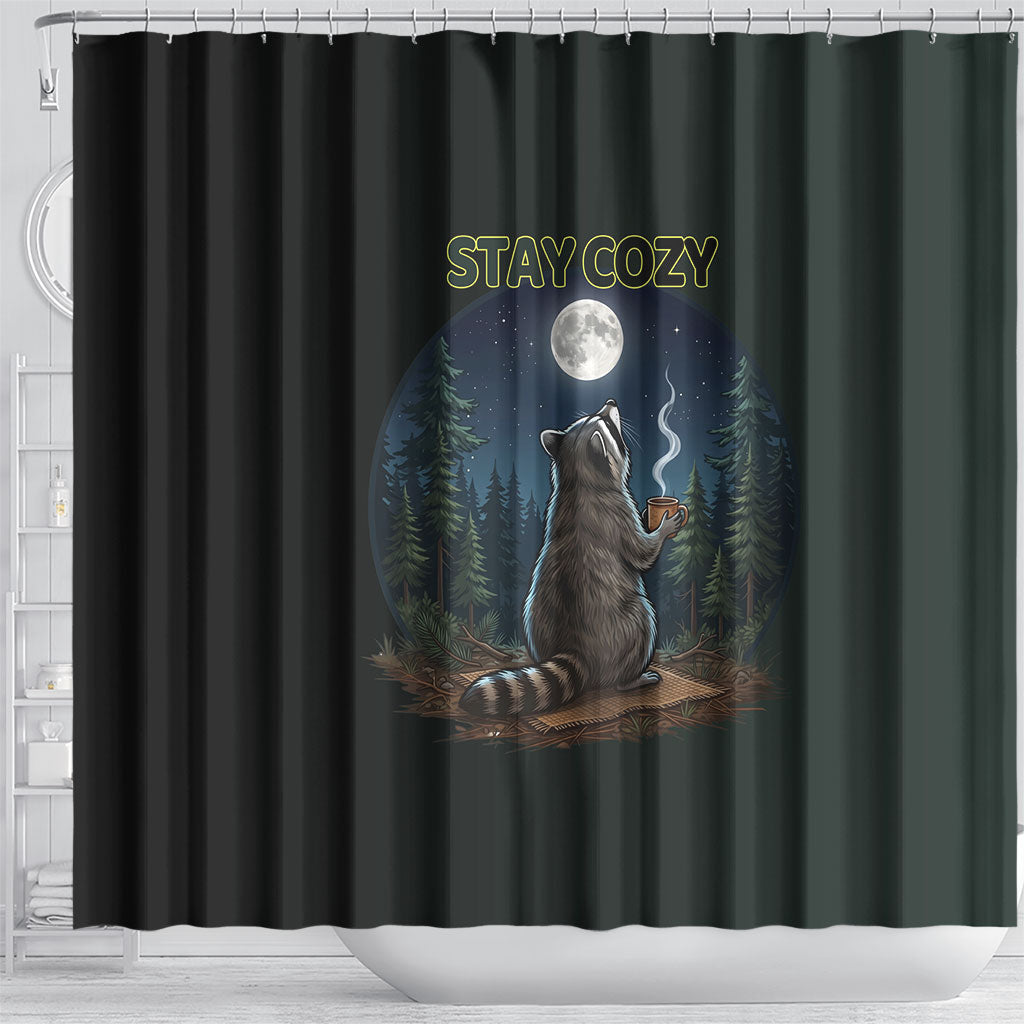 Raccoon Stay Wild Stay Cozy Camping Shower Curtain Starry Night Forest Wildlife