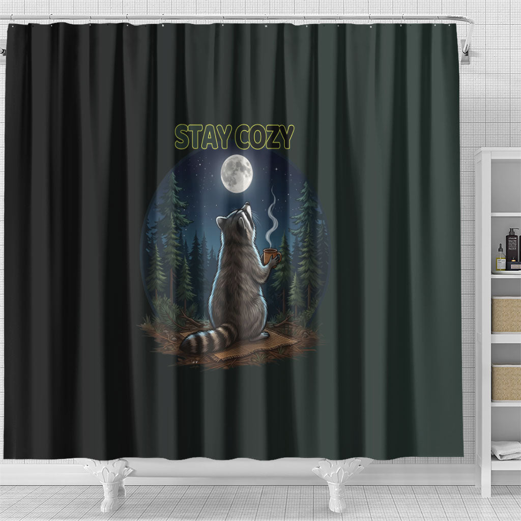 Raccoon Stay Wild Stay Cozy Camping Shower Curtain Starry Night Forest Wildlife