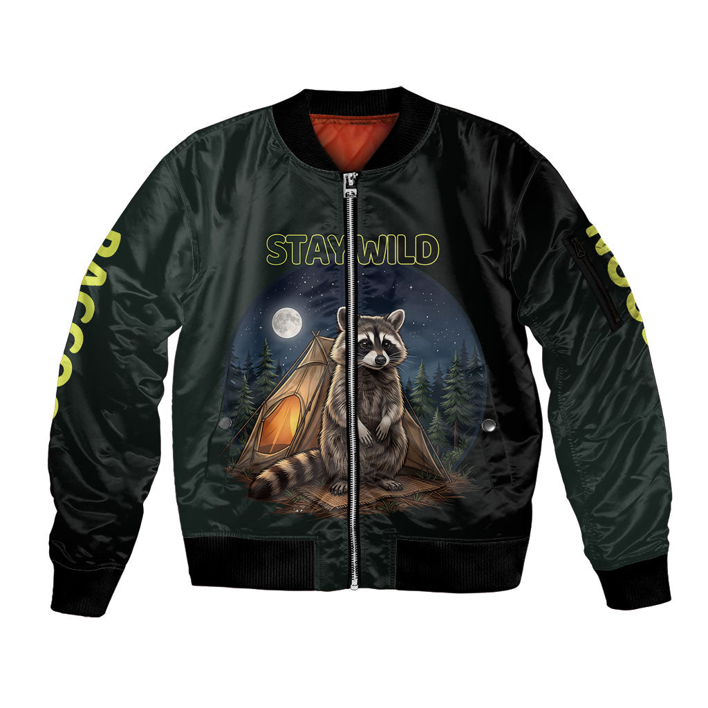Raccoon Stay Wild Stay Cozy Camping Sleeve Zip Bomber Jacket Starry Night Forest Wildlife
