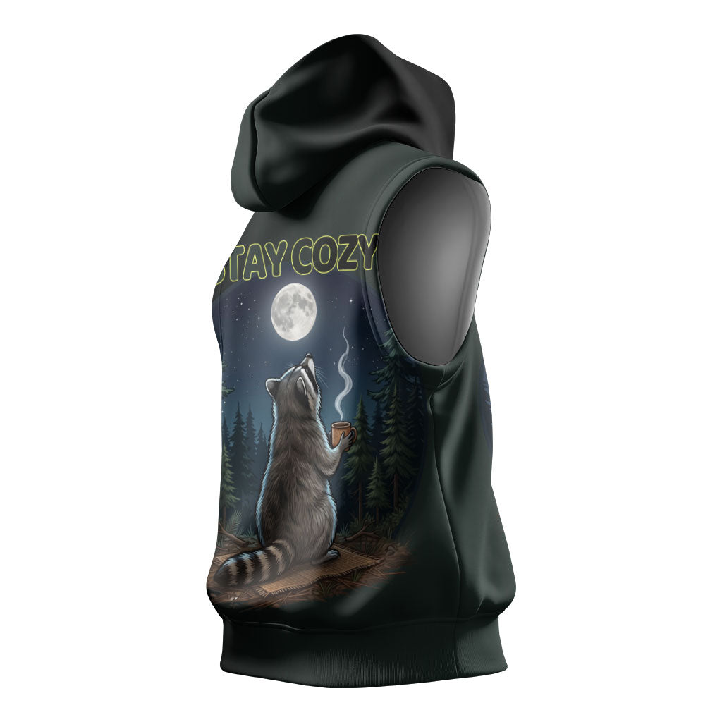 Raccoon Stay Wild Stay Cozy Camping Sleeveless Hoodie Starry Night Forest Wildlife