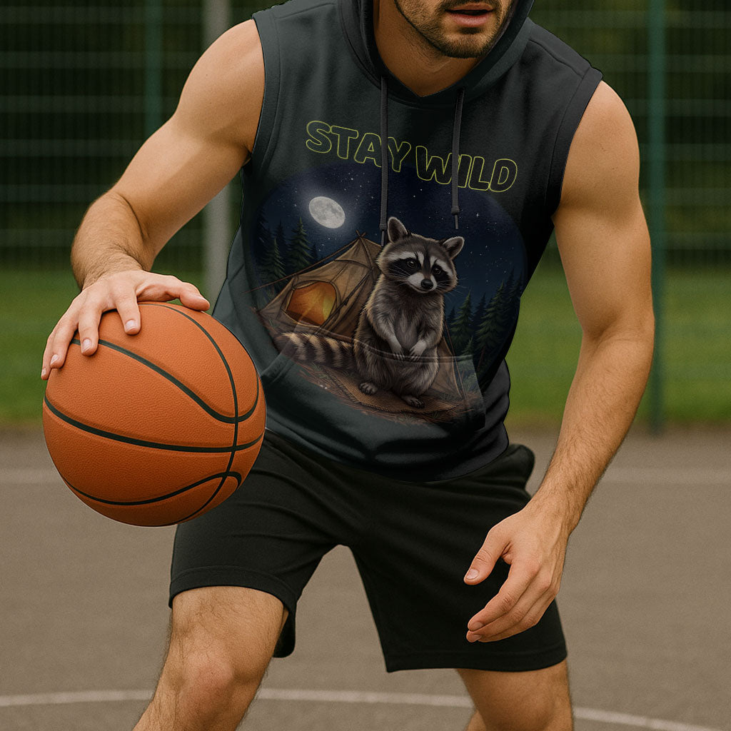 Raccoon Stay Wild Stay Cozy Camping Sleeveless Hoodie Starry Night Forest Wildlife