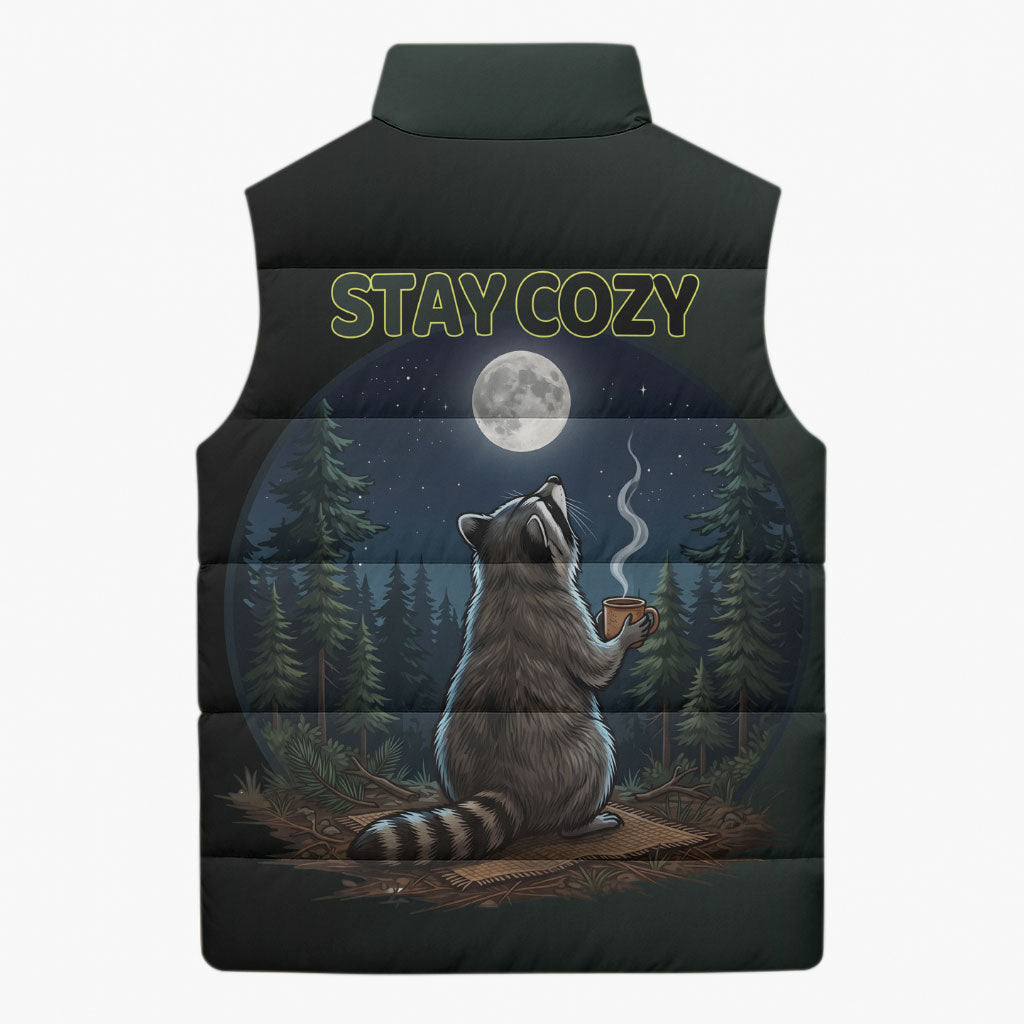 Raccoon Stay Wild Stay Cozy Camping Sleeveless Puffer Jacket Starry Night Forest Wildlife