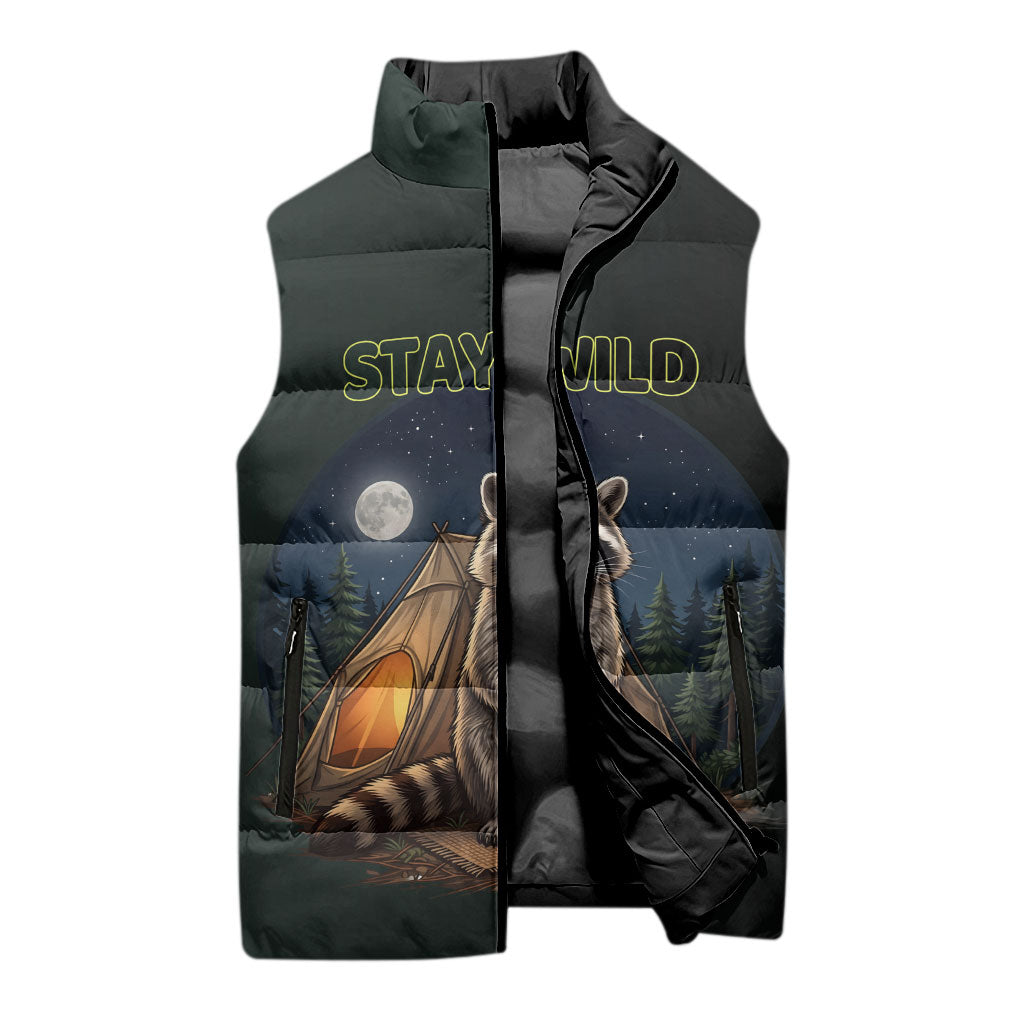 Raccoon Stay Wild Stay Cozy Camping Sleeveless Puffer Jacket Starry Night Forest Wildlife