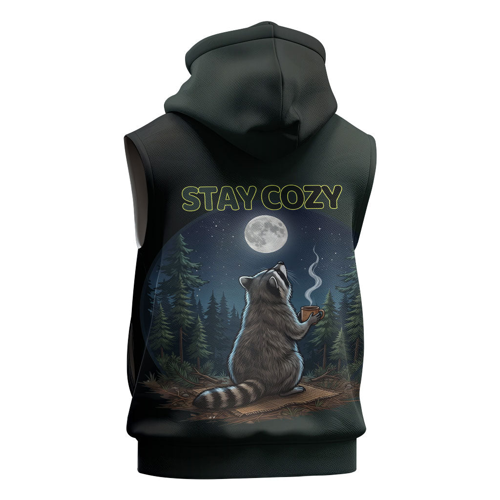 Raccoon Stay Wild Stay Cozy Camping Sleeveless Zip Hoodie Starry Night Forest Wildlife