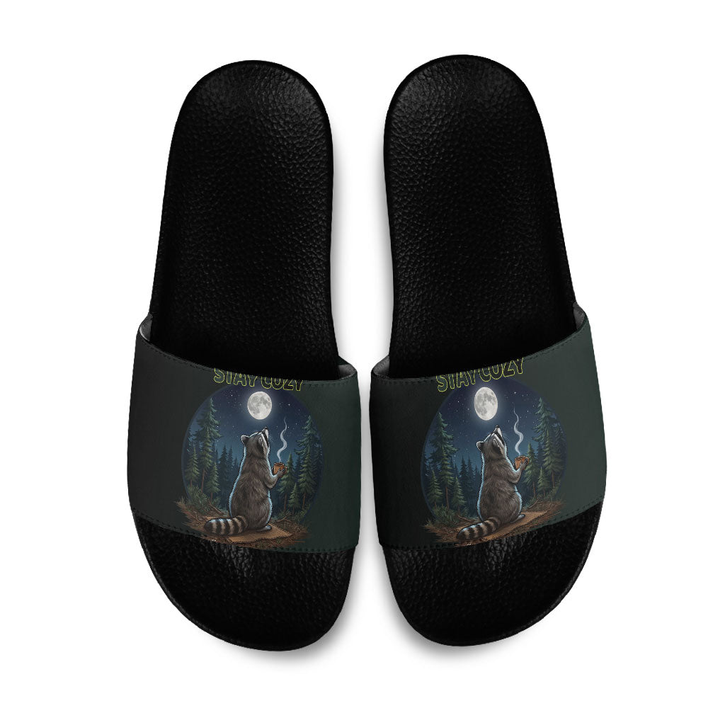 Raccoon Stay Wild Stay Cozy Camping Slide Sandals Starry Night Forest Wildlife