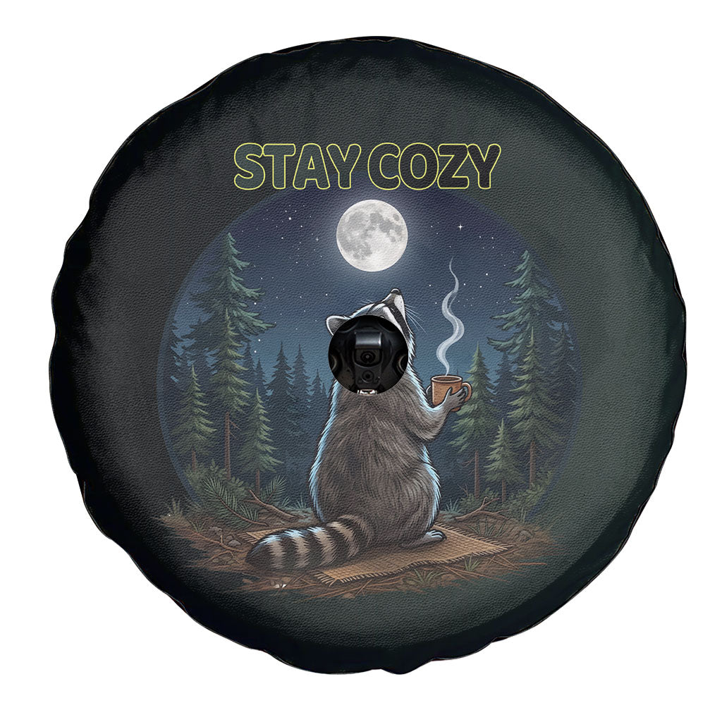 Raccoon Stay Wild Stay Cozy Camping Spare Tire Cover Starry Night Forest Wildlife