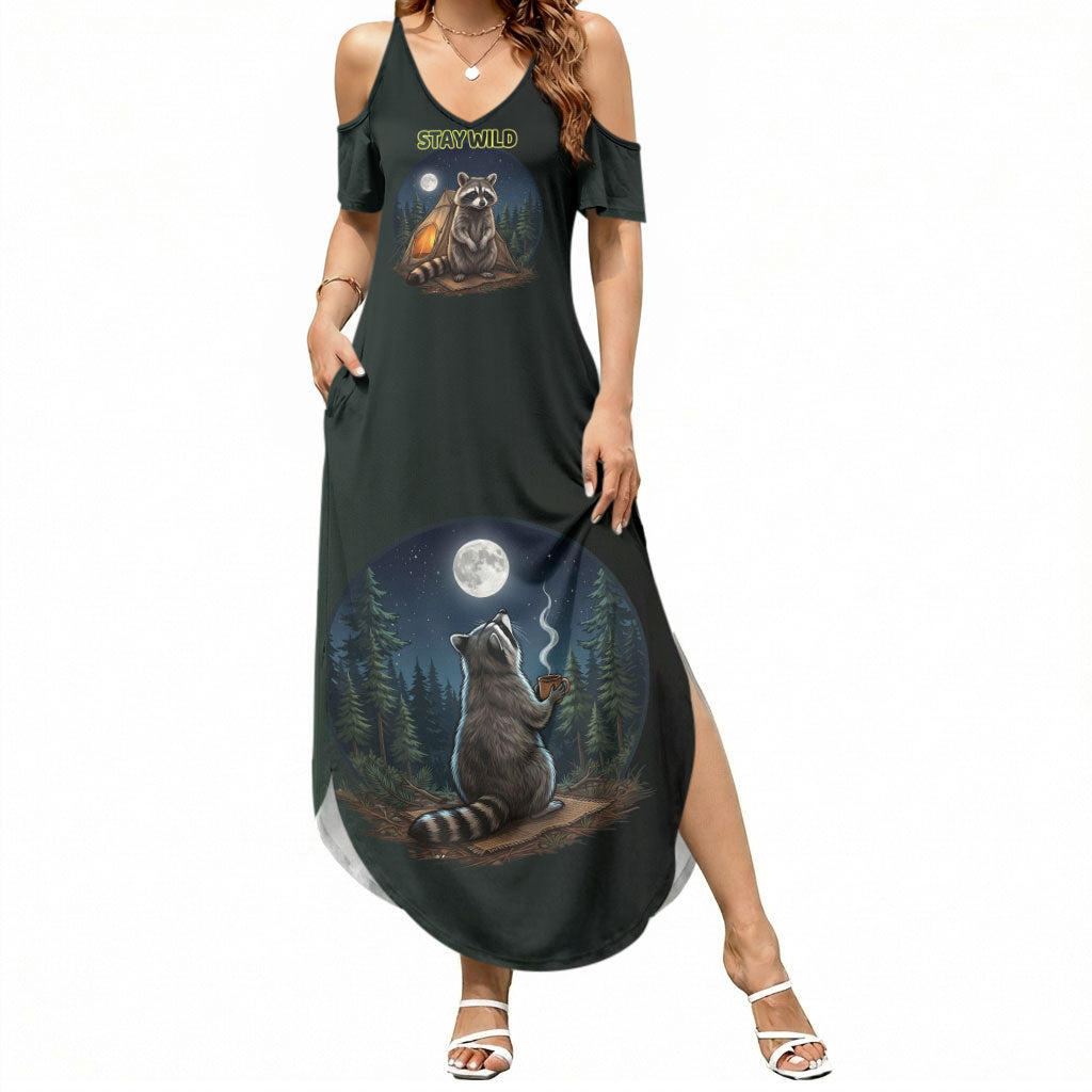 Raccoon Stay Wild Stay Cozy Camping Summer Maxi Dress Starry Night Forest Wildlife