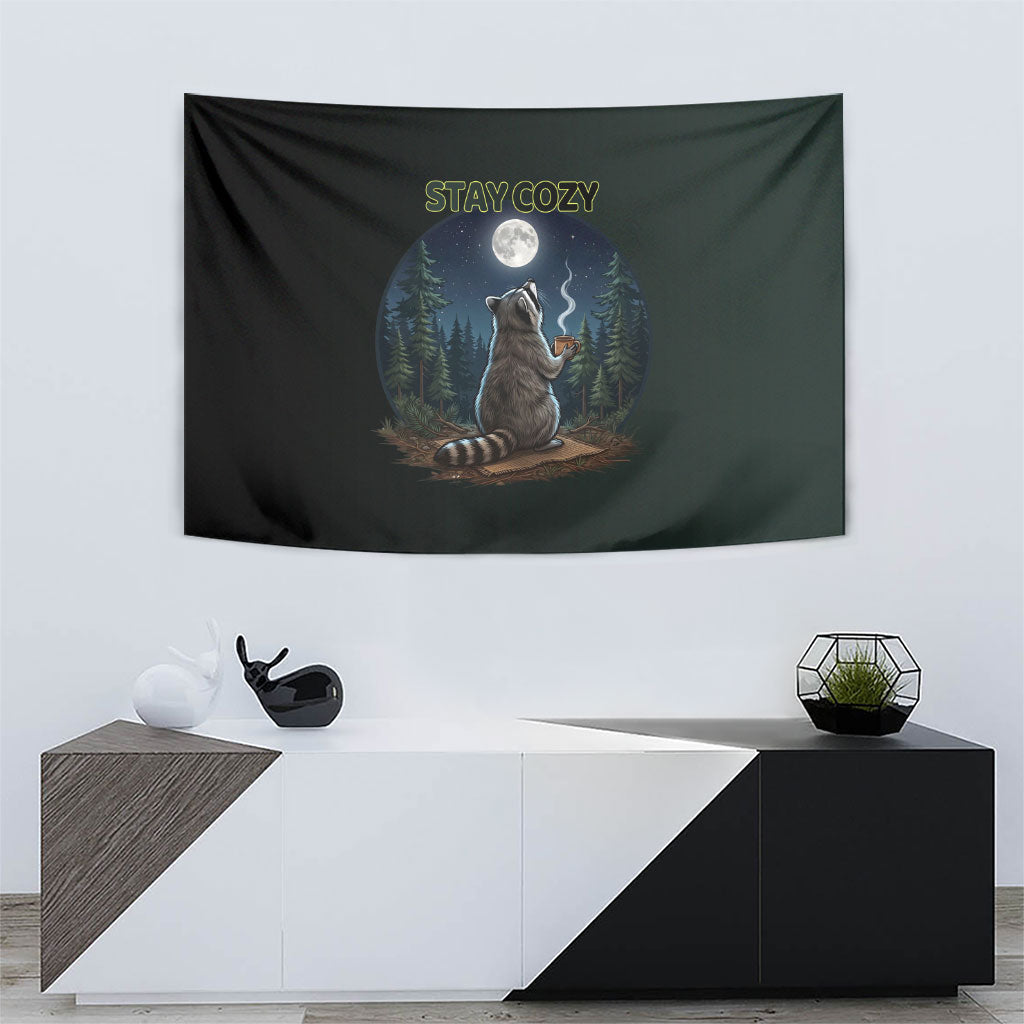 Raccoon Stay Wild Stay Cozy Camping Tapestry Starry Night Forest Wildlife