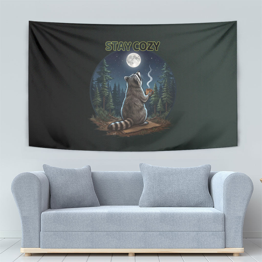 Raccoon Stay Wild Stay Cozy Camping Tapestry Starry Night Forest Wildlife