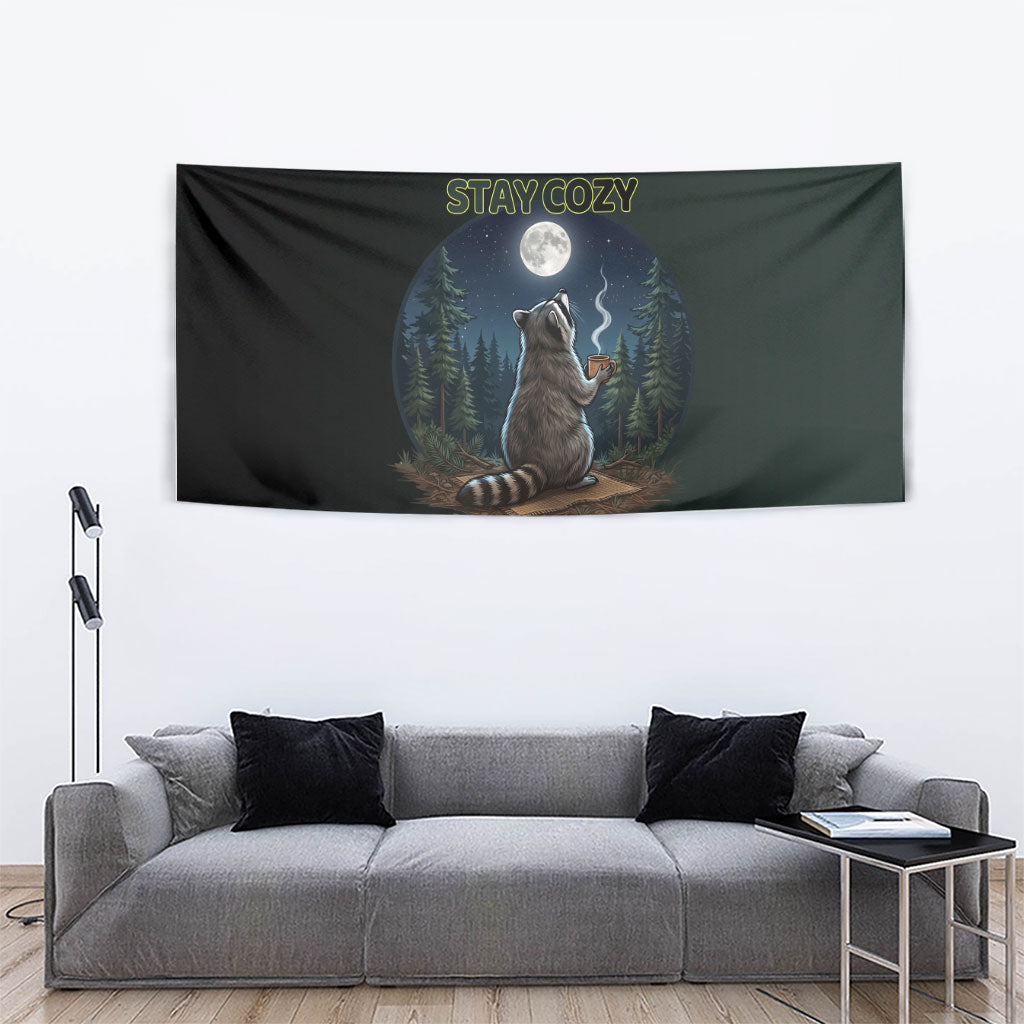 Raccoon Stay Wild Stay Cozy Camping Tapestry Starry Night Forest Wildlife
