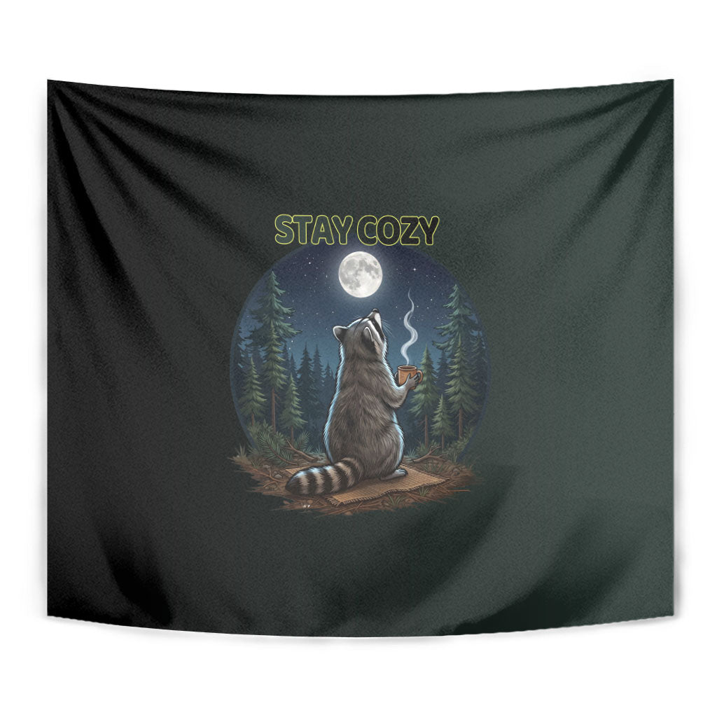 Raccoon Stay Wild Stay Cozy Camping Tapestry Starry Night Forest Wildlife
