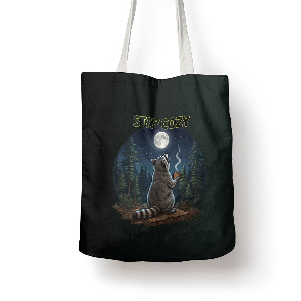 Raccoon Stay Wild Stay Cozy Camping Tote Bag Starry Night Forest Wildlife