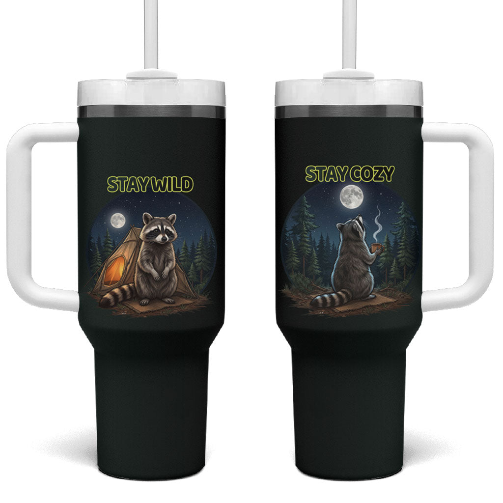 Raccoon Stay Wild Stay Cozy Camping Tumbler With Handle Starry Night Forest Wildlife