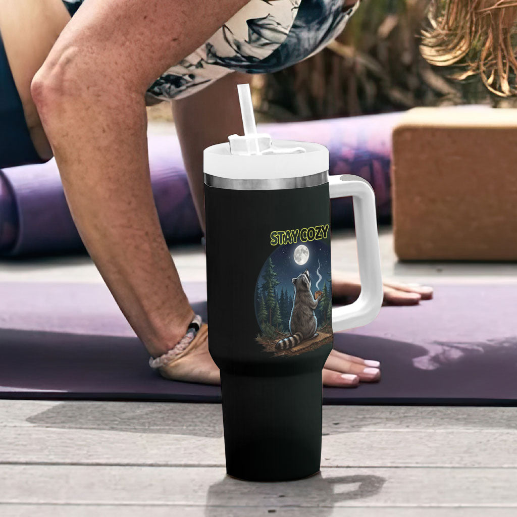 Raccoon Stay Wild Stay Cozy Camping Tumbler With Handle Starry Night Forest Wildlife