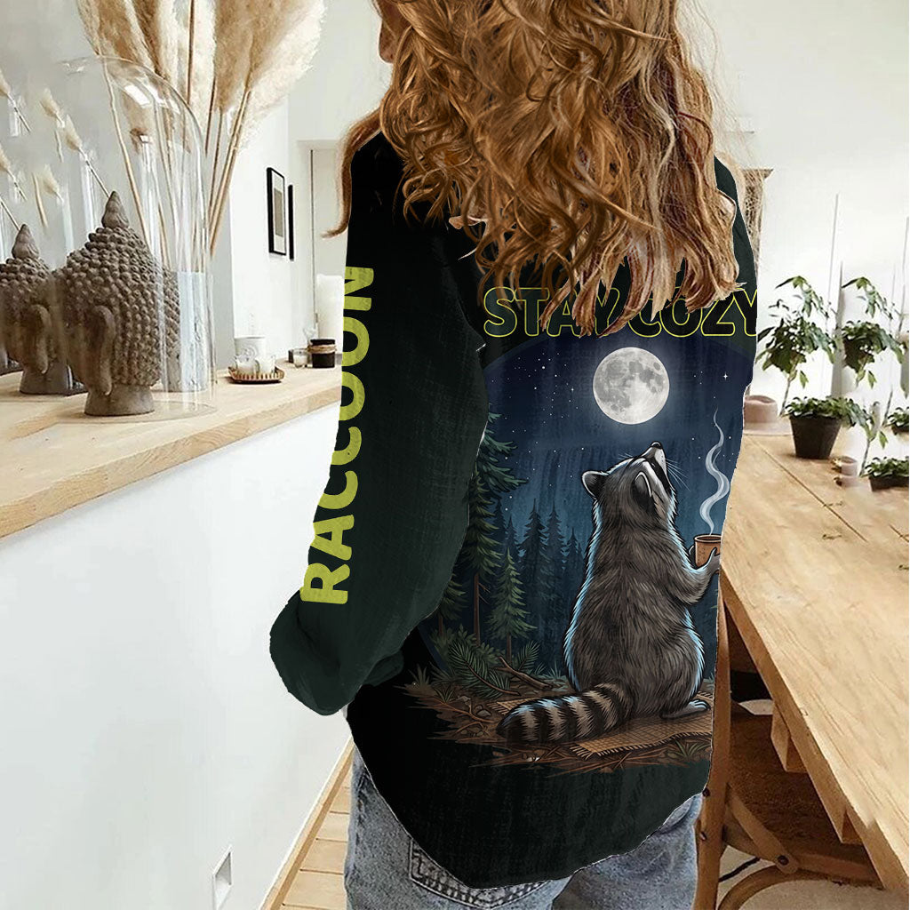 Raccoon Stay Wild Stay Cozy Camping Women Casual Shirt Starry Night Forest Wildlife