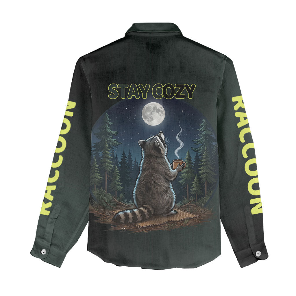 Raccoon Stay Wild Stay Cozy Camping Women Casual Shirt Starry Night Forest Wildlife
