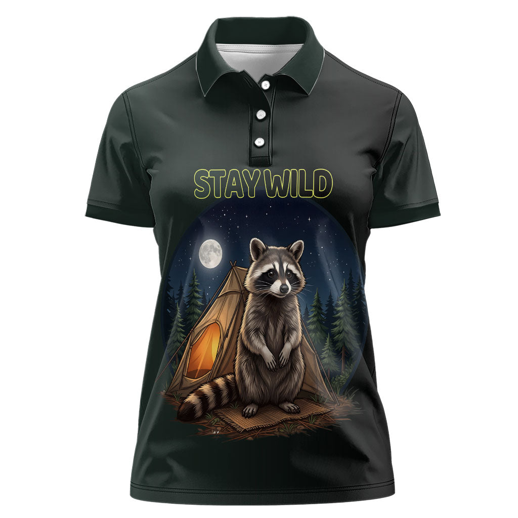 Raccoon Stay Wild Stay Cozy Camping Women Polo Shirt Starry Night Forest Wildlife