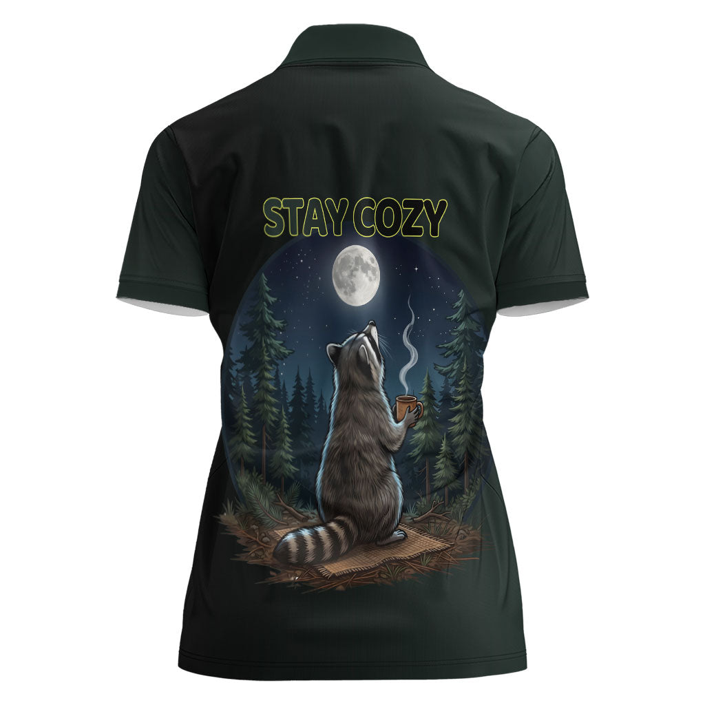Raccoon Stay Wild Stay Cozy Camping Women Polo Shirt Starry Night Forest Wildlife