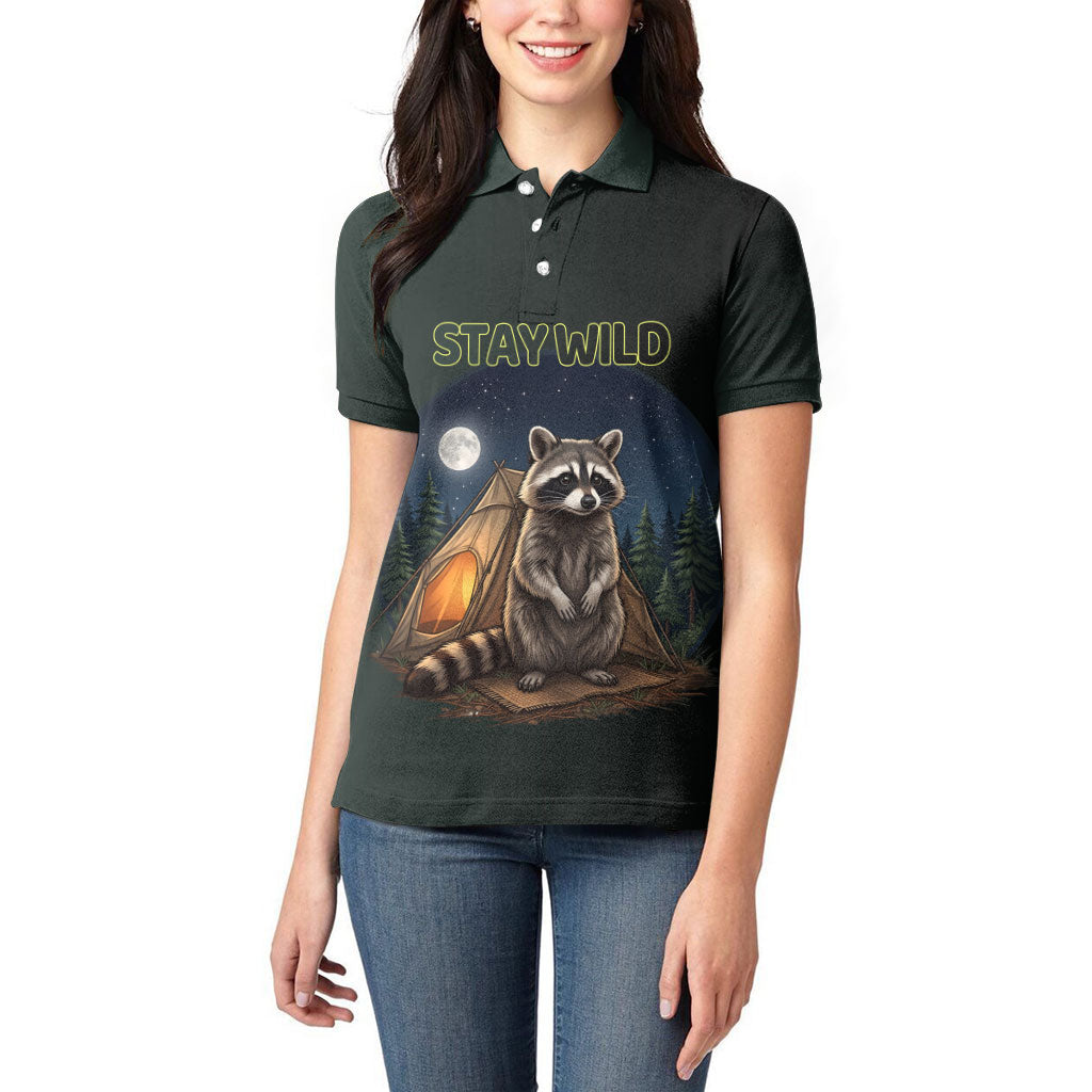 Raccoon Stay Wild Stay Cozy Camping Women Polo Shirt Starry Night Forest Wildlife