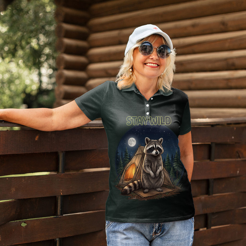 Raccoon Stay Wild Stay Cozy Camping Women Polo Shirt Starry Night Forest Wildlife