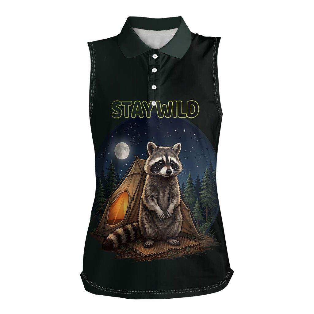 Raccoon Stay Wild Stay Cozy Camping Women Sleeveless Polo Shirt Starry Night Forest Wildlife