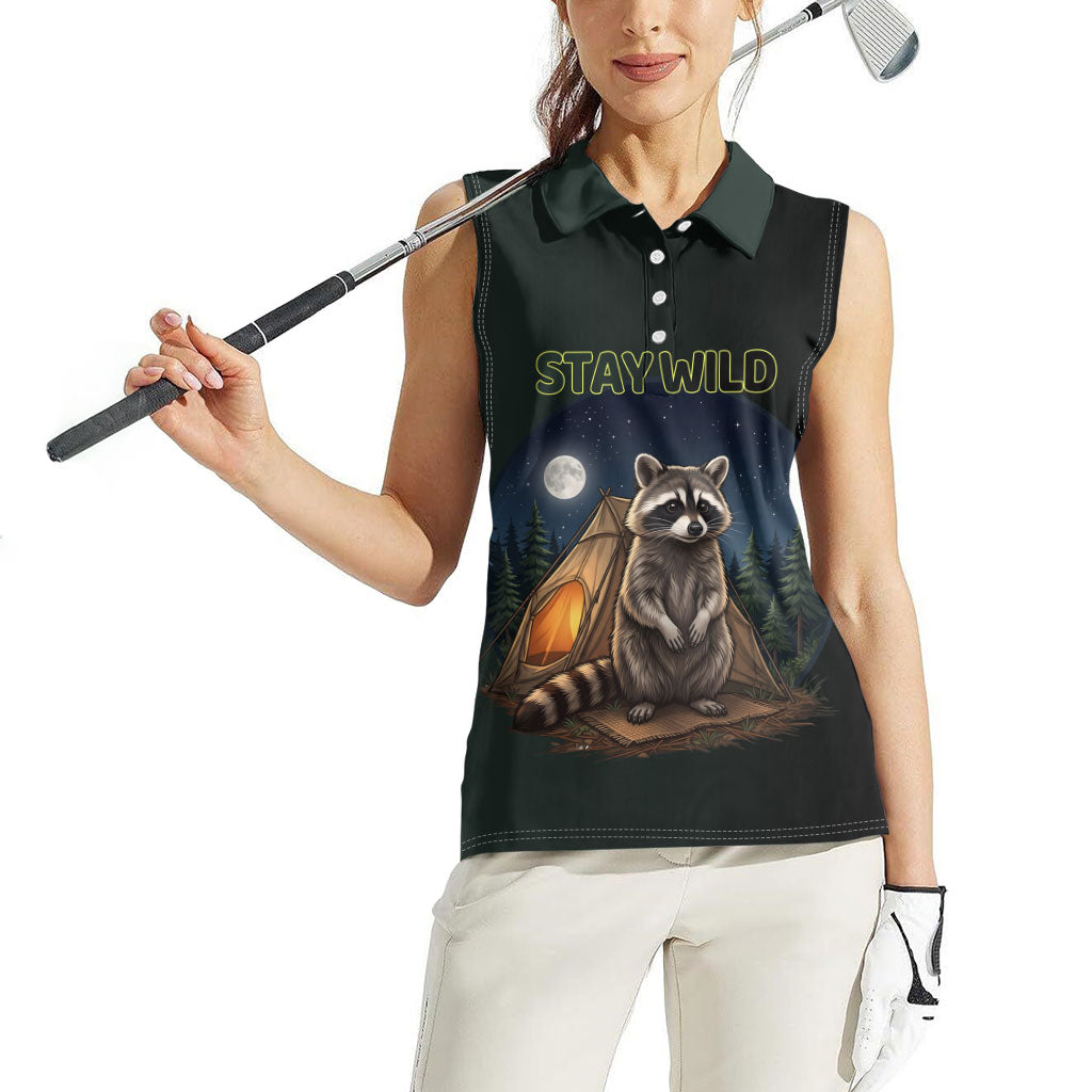 Raccoon Stay Wild Stay Cozy Camping Women Sleeveless Polo Shirt Starry Night Forest Wildlife