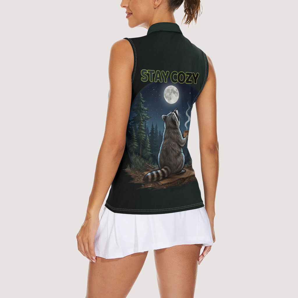 Raccoon Stay Wild Stay Cozy Camping Women Sleeveless Polo Shirt Starry Night Forest Wildlife