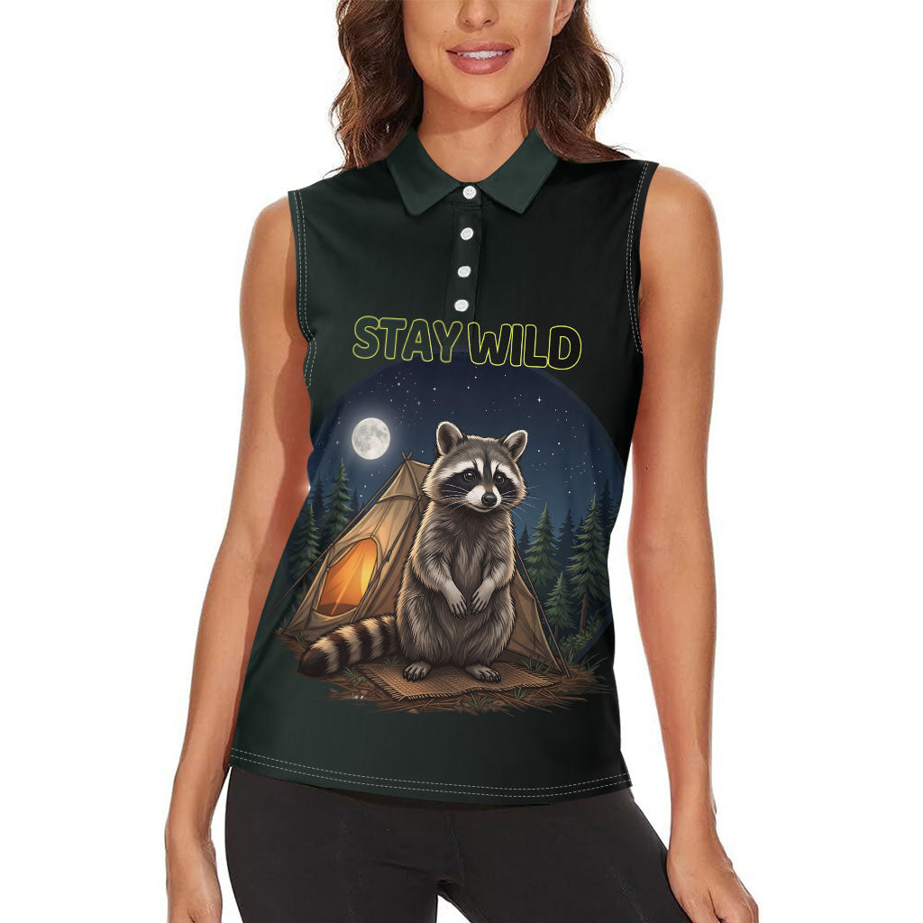 Raccoon Stay Wild Stay Cozy Camping Women Sleeveless Polo Shirt Starry Night Forest Wildlife