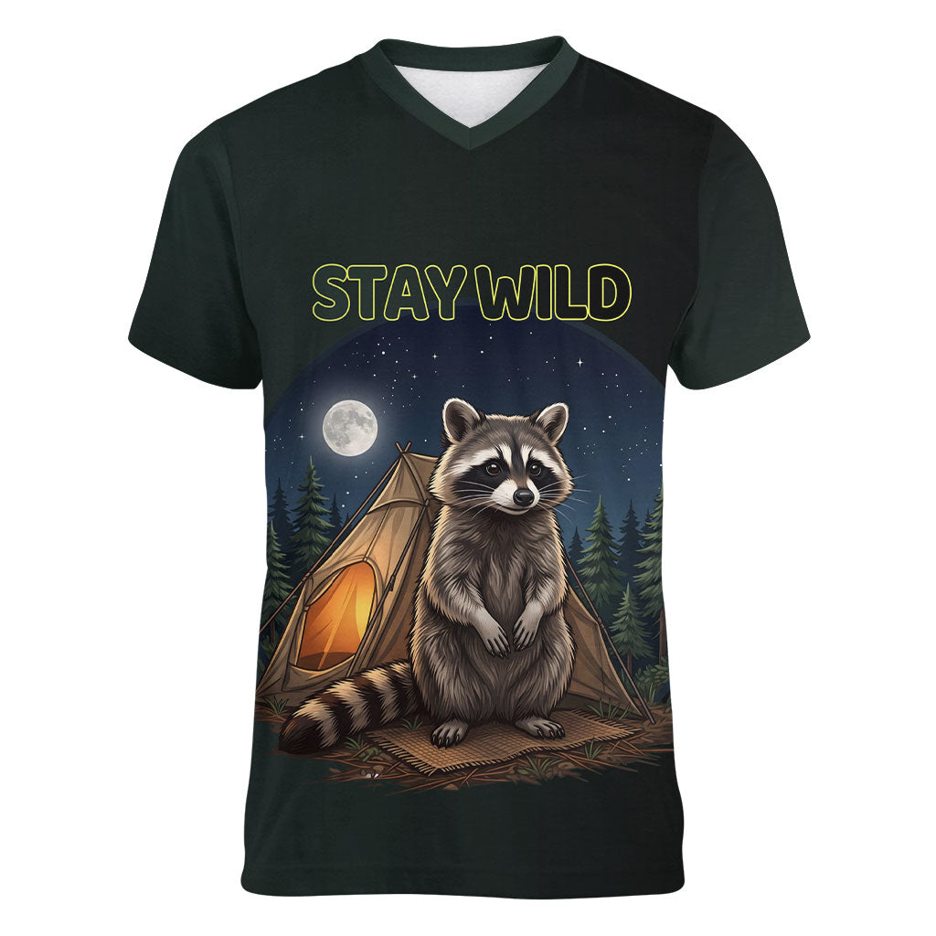 Raccoon Stay Wild Stay Cozy Camping Women V-Neck T-Shirt Starry Night Forest Wildlife