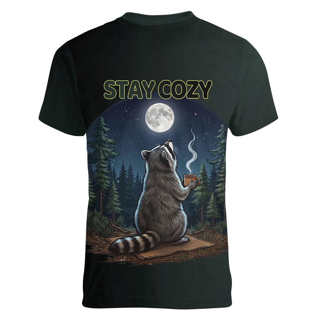 Raccoon Stay Wild Stay Cozy Camping Women V-Neck T-Shirt Starry Night Forest Wildlife
