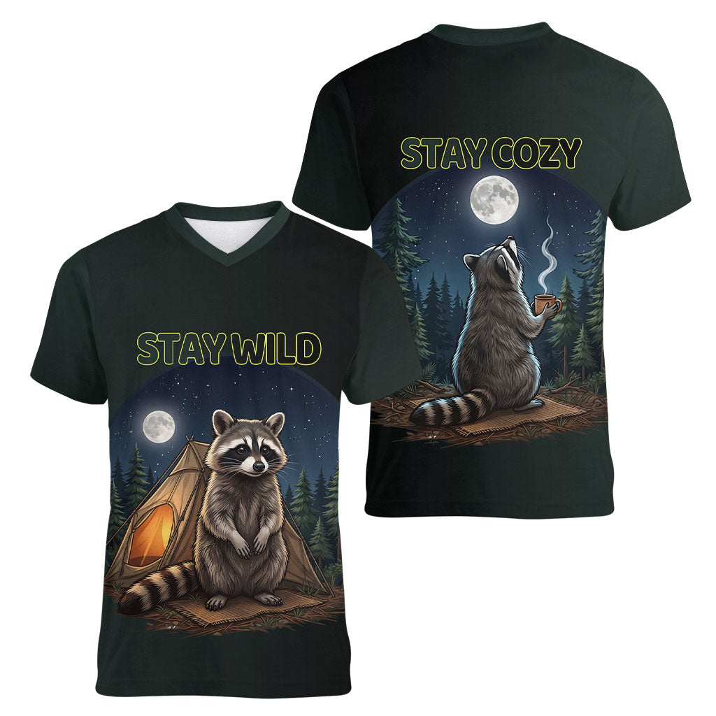 Raccoon Stay Wild Stay Cozy Camping Women V-Neck T-Shirt Starry Night Forest Wildlife