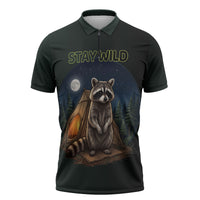 Raccoon Stay Wild Stay Cozy Camping Zipper Polo Shirt Starry Night Forest Wildlife