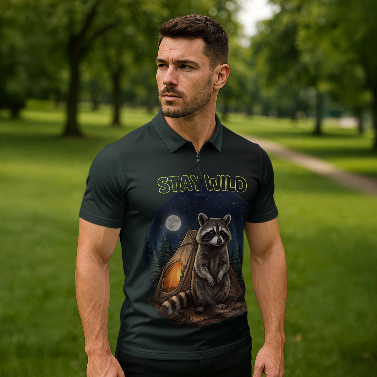 Raccoon Stay Wild Stay Cozy Camping Zipper Polo Shirt Starry Night Forest Wildlife