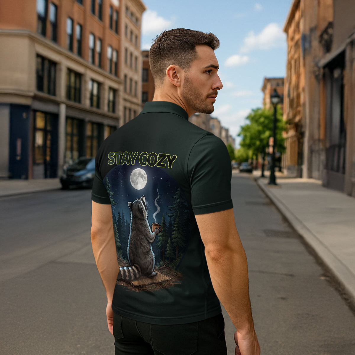 Raccoon Stay Wild Stay Cozy Camping Zipper Polo Shirt Starry Night Forest Wildlife