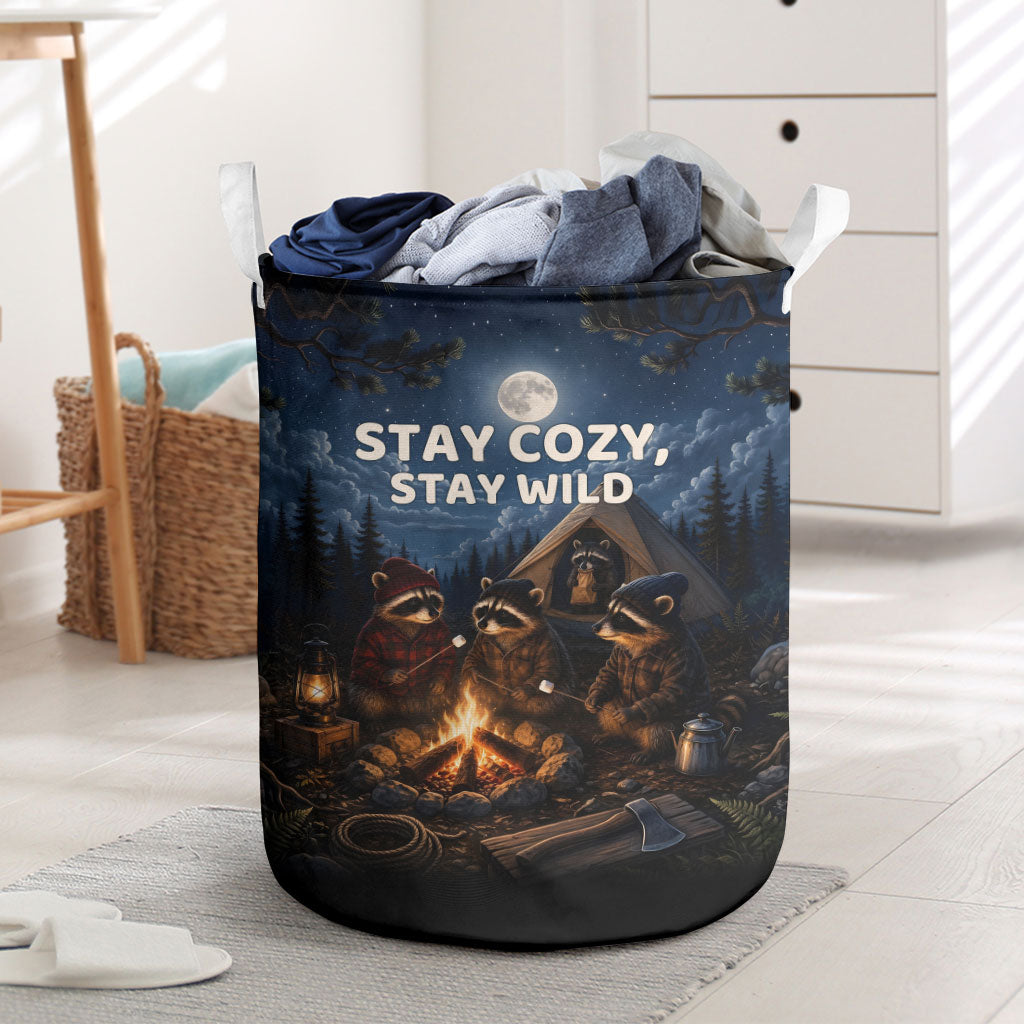 Raccoons Campfire Stay Cozy Stay Wild Laundry Basket Starry Night Forest Wildlife