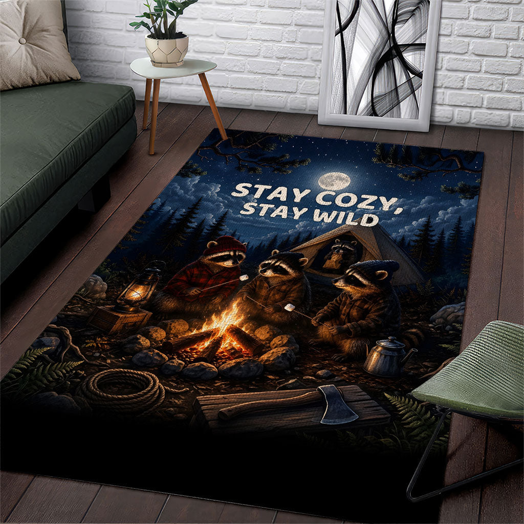 Raccoons Campfire Stay Cozy Stay Wild Area Rug Starry Night Forest Wildlife