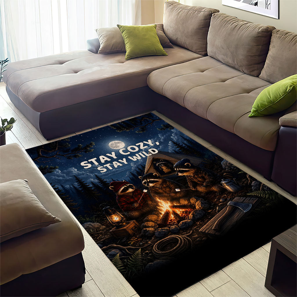 Raccoons Campfire Stay Cozy Stay Wild Area Rug Starry Night Forest Wildlife